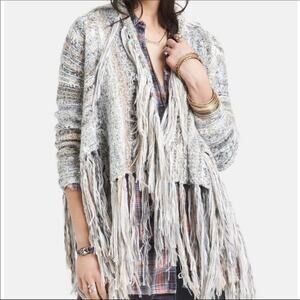 Free People gray fringe open cardigan knit cozy long sleeve sweater size small